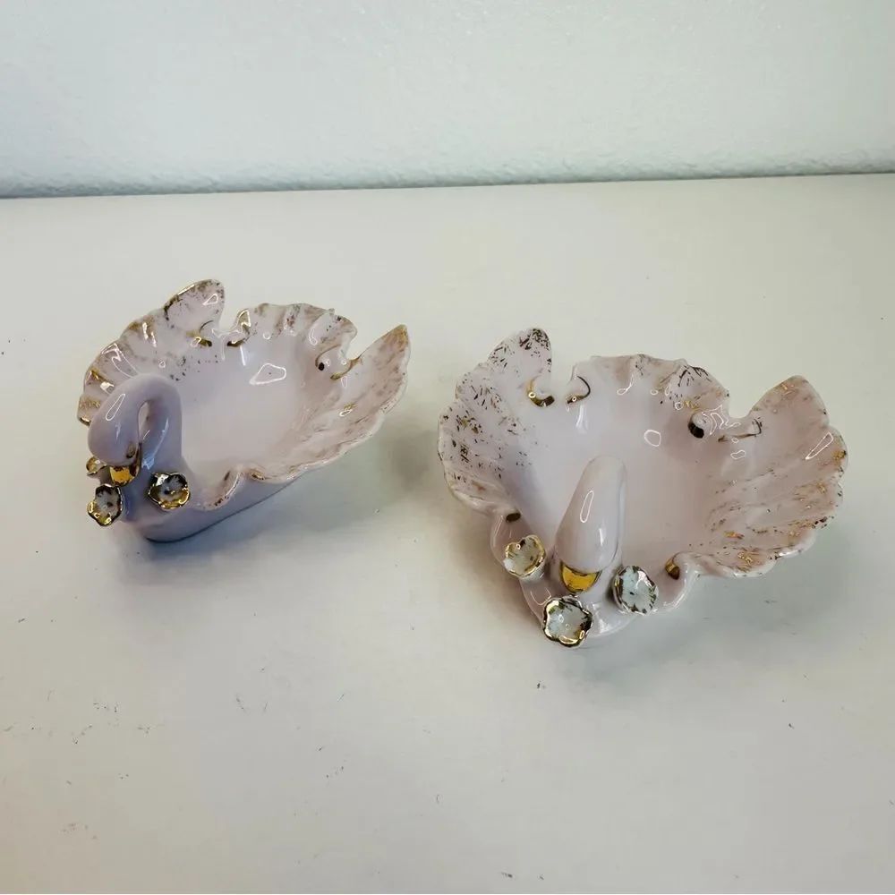 VTG Pink Gold Porcelain Swan Mini Ashtrays/Trinket Dish Set Of‎ 2